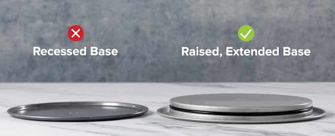 The bases of two springform pans, one nearly flat with small rims and one with extended rims and a raised base.